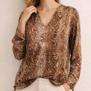 Scotch & Soda Maison Scotch Snake Print V-Neck Top Brown Tan XS